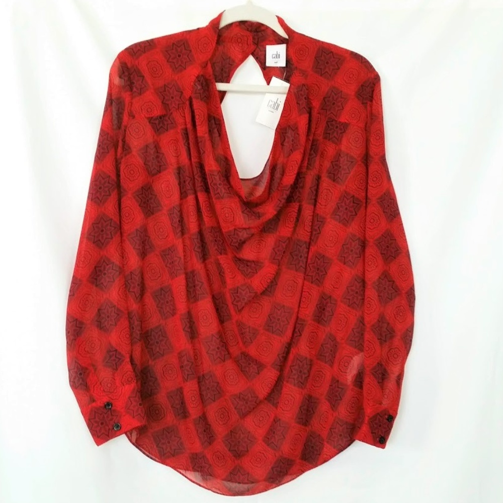 CAbi Red Navy Diamond Blouse #3125 Sheer Long Sleeve Keyhole Back; Size M New